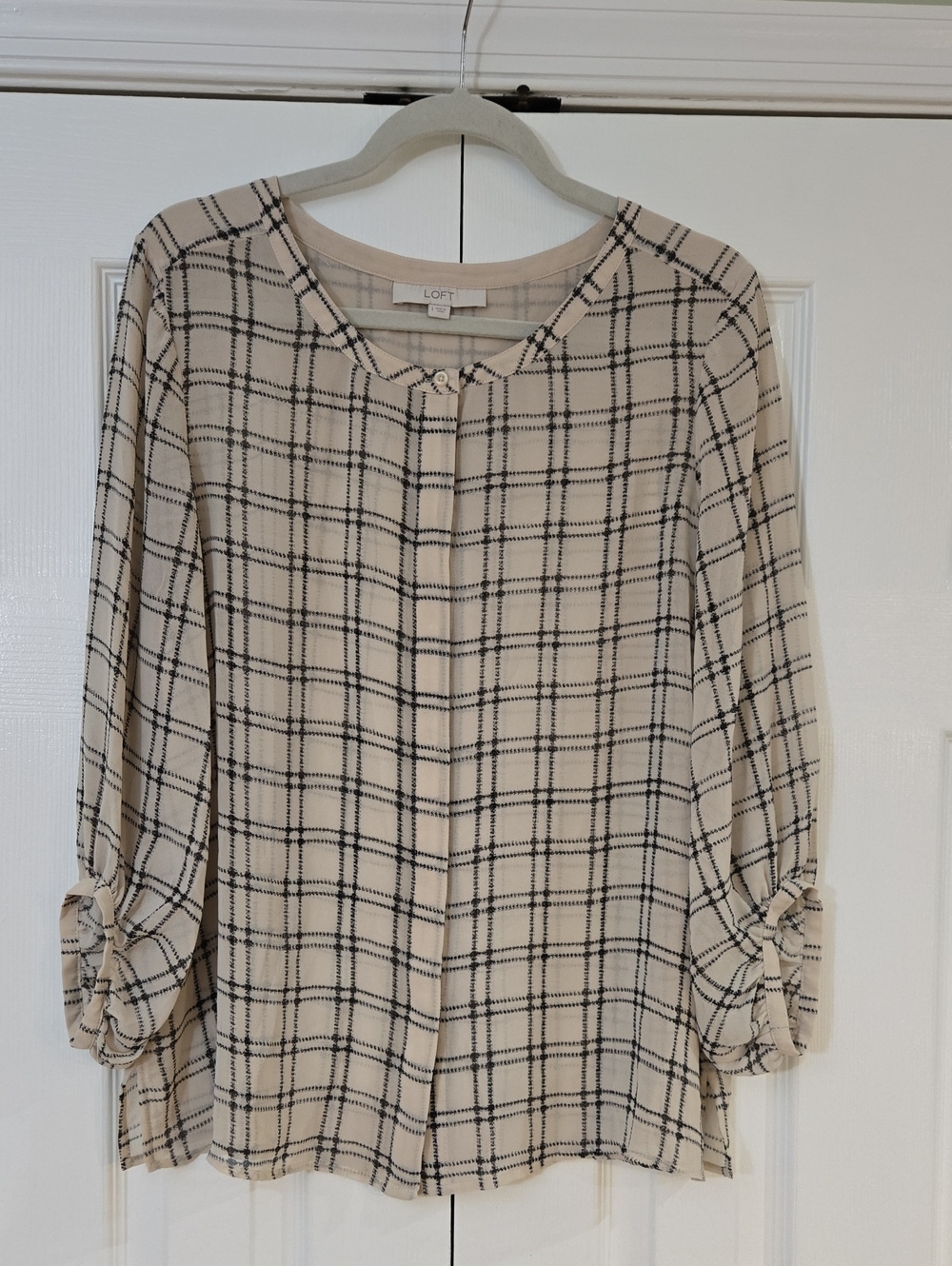 LOFT Cream and Black Plaid Button-Up Blouse